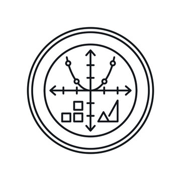 Mathematical coordinate system icon with parabola graph and geometric shapes in circle.