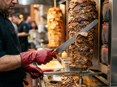 Chef cutting fresh grilled meat from a vertical rotisserie skewer in a busy restaurant kitchen
