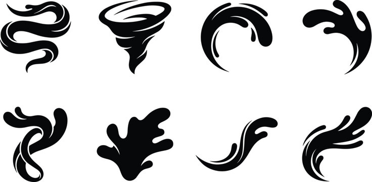 Set of abstract black vector water splash, wind swirl, and tornado silhouette shapes for graphic design