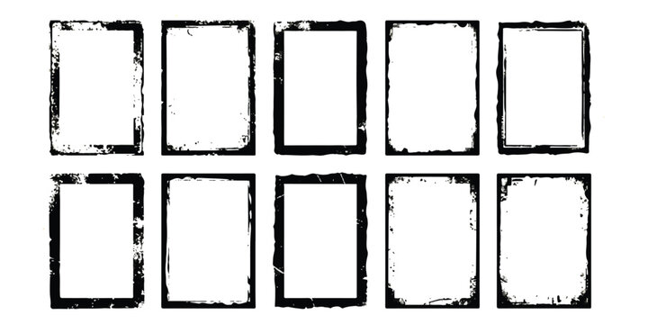 Set of ten black rectangular grunge frames with distressed edges and rough texture