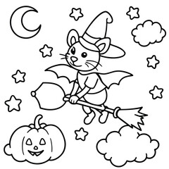 Fototapeta premium Cute Little Mouse Witch Flying on a Broomstick at Night for a Fun Halloween Coloring Page Activity