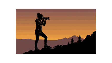 Fototapeta premium Silhouette of female photographer on mountain peak at sunset, woman taking photos in nature, outdoor adventure landscape illustration