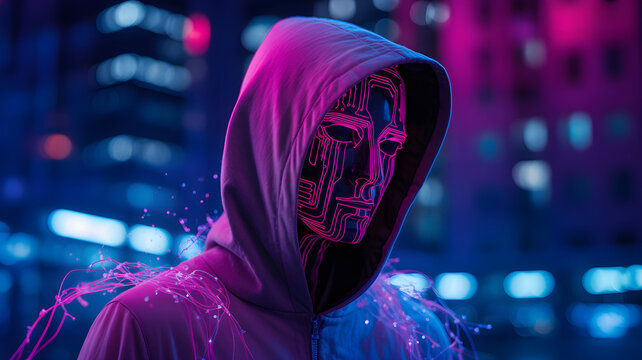 Cybernetic character with glowing pink circuit board face in a neon city