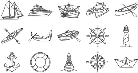 Nautical Boat and Marine Navigation Line Art Collection with Sailing and Maritime Outline Illustrations © koushar