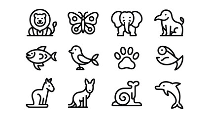 Collection of various animal illustrations including a lion butterfly elephant dog fish bird paw horse snail and dolphin in a simple design style © vector innovation