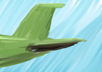 Green airplane tail against clear blue sky rendered in oil pastel style, aviation themed illustration featuring minimalist composition, travel inspiration, modern transport, atmospheric background © Anton
