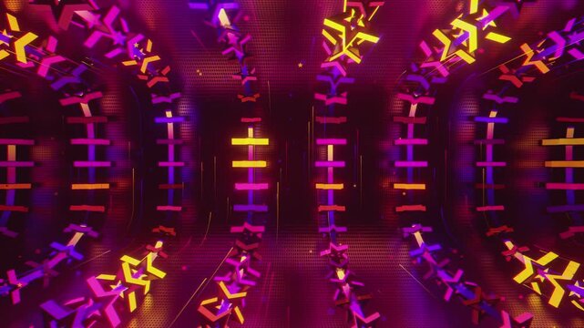 Seamless VJ loop with glowing neon stars abstract structure and psychedelic motion for high-tech club visuals, electronic music festivals, stage screens and for LED video walls