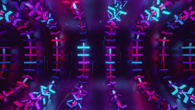Seamless VJ loop with glowing neon stars abstract structure and psychedelic motion for high-tech club visuals, electronic music festivals, stage screens and for LED video walls