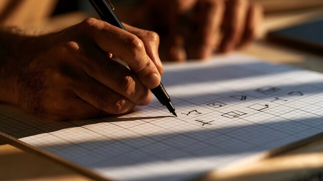 A hand holding a pen and writing on graph paper under warm sunlight casting shadows across the surface