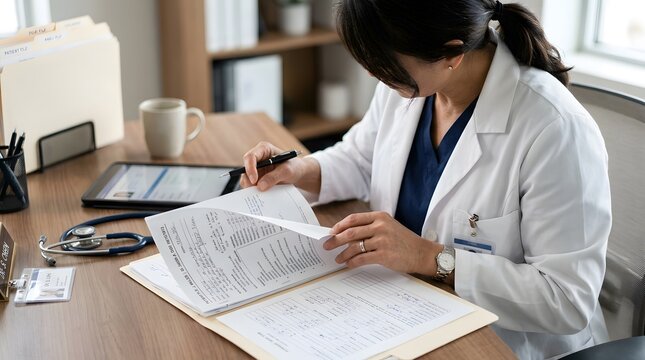 A female physician in a white coat reviewing patient medical documents at a wooden office desk with health care physician healthcare