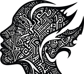 Fototapeta premium Intricate face profile silhouette with ornamental pattern details on transparent background head human