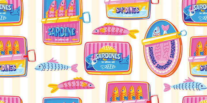 Seamless pattern with colorful sardine tins and cute canned fish on striped background. Bright retro seafood design for fabric, wrapping paper, wallpaper, textiles, packaging and kitchen decor.