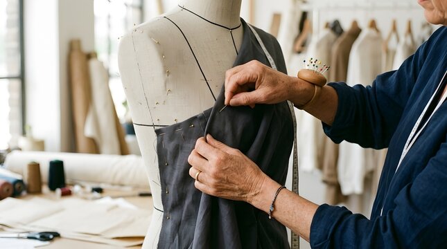 Fashion designer adjusting gray fabric on tailors mannequin in professional studio with designer mannequin workshop creative