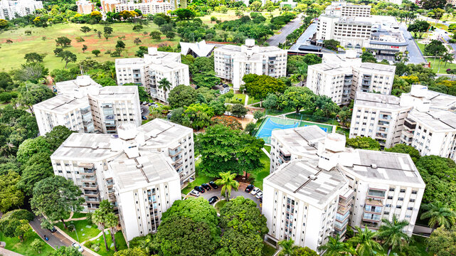 Aerial view of the Octogonal Sector neighborhood, notable for its octagonal-shaped residential buildings, planned green spaces and recreational areas, and proximity to City Park. Bras&iacute;lia, Brazil 2025