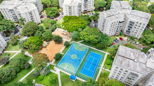 Aerial view of the Octogonal Sector neighborhood, notable for its octagonal-shaped residential buildings, planned green spaces and recreational areas, and proximity to City Park. Bras&iacute;lia, Brazil 2025