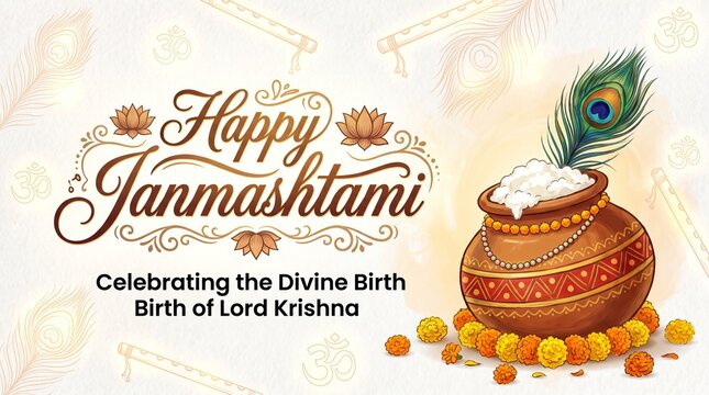 Janmashtami celebration text with decorated pot and peacock feather