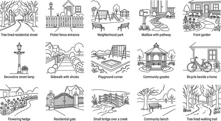 Fototapeta premium Neighborhood Landscape Line Art Collection with Residential Streets, Parks and Community Outdoor Outline Illustrations