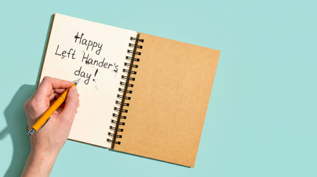 Person writing happy left handers day in notebook