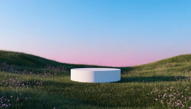 Blank white product display podium on a grassy hill at sunset with platform minimalist advertising marketing