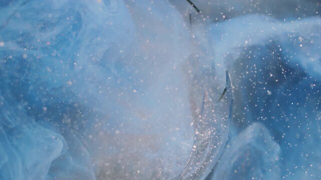 Haze wave. Glitter blue smoke. Defocused silver color shimmer ink broken glass fog fume texture on abstract underwater art background.