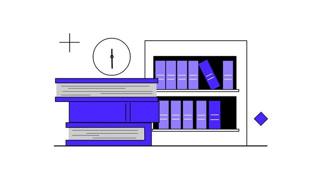 Books piling up with a bookshelf in flat line art style for education and learning concept