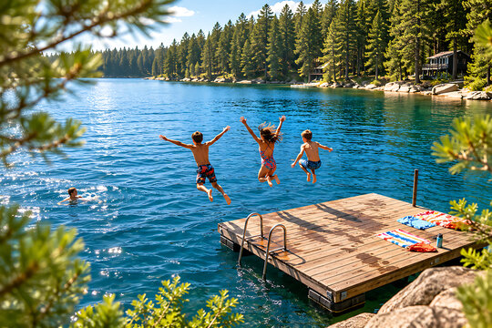 Friends having fun enjoying a summer day swimming and jumping at the lake.