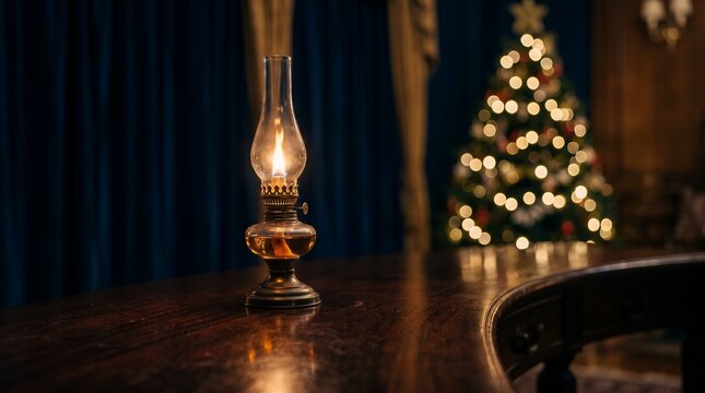 Vintage Kerosene Lamp on Wooden Table in Front of Blurred Festive Christmas Tree and Blue Drapes