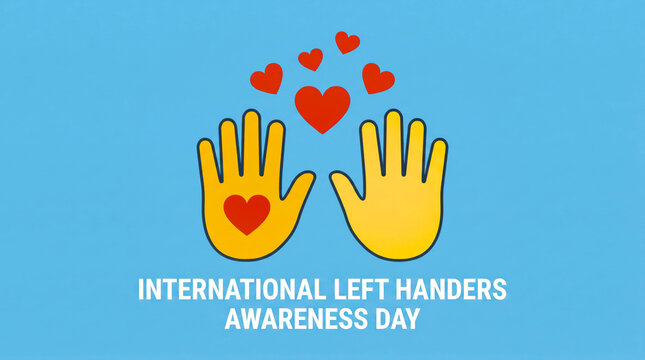 Two yellow hands with hearts celebrating international left handers awareness day