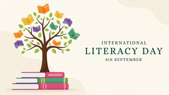 Illustration for International Literacy Day with a tree of books