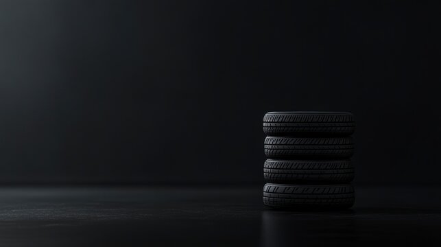 Four black tires stacked on dark surface against black background.