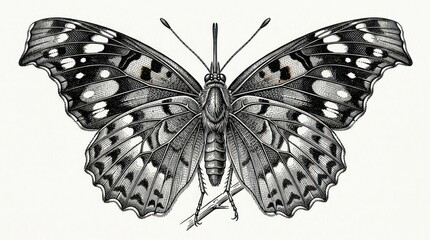 Detailed black and white butterfly illustration with intricate wing patterns