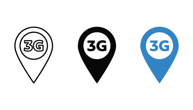 Map location pin with 3G network signal text vector icon set for mobile service coverage search and telecommunications map markers isolated on white background for digital apps