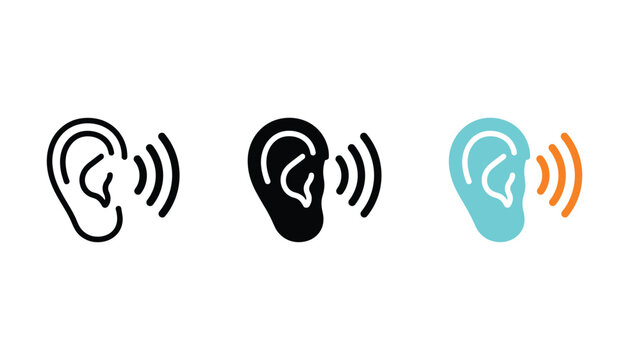 Human ear audio hearing sound wave icon set representing auditory medical diagnostic and acoustic communication technology for healthcare and audio engineering UI graphic design elements