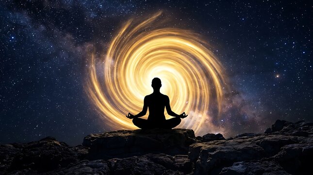 Silhouette of a person meditating in lotus position in front of a glowing golden galaxy in the dark deep space