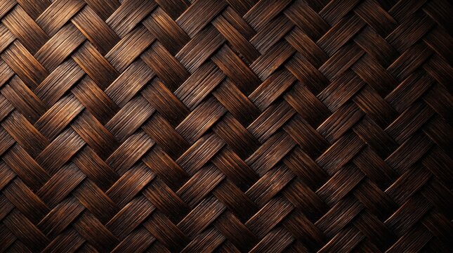 Close-up texture of dark brown woven bamboo strips in traditional diagonal pattern background horizontal