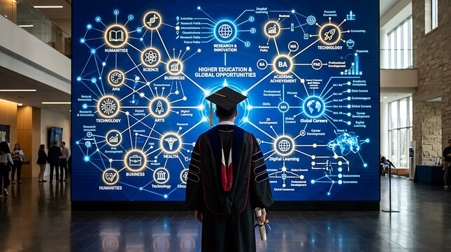 Graduate student looking at a large digital screen with higher education and global opportunities network map