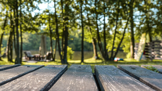 Rustic wooden picnic table in a serene lakeside park setting