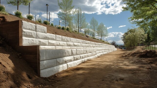 Modern retaining wall with drainage on a hillside, stabilizing soil, managing runoff, and framing a landscaped path.
