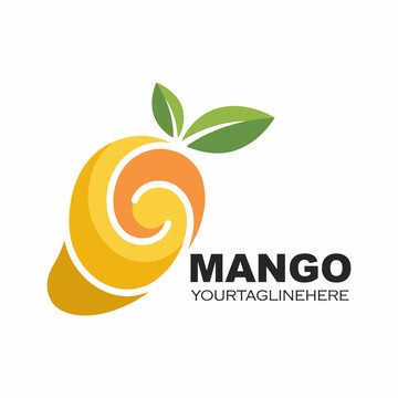 A visually alluring mango fruit logo with a swirling design, representing freshness, nutrition, and tropical flavor in a vibrant color palette perfect for food branding.