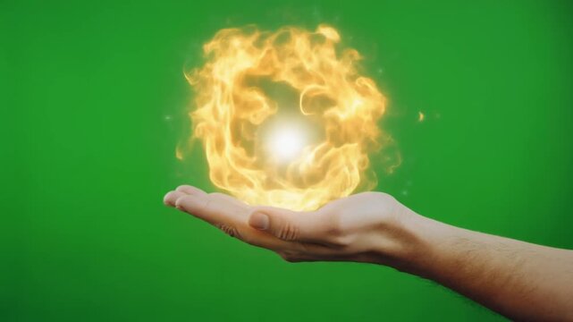 Hand performing mystical fire summoning ritual with glowing flames. Close-up of magical energy activation using elemental fire power.
