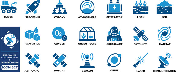 Exoplanet colonization and terraforming icons representing future space exploration. © B o W Graphics