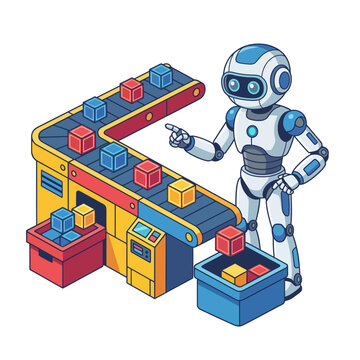 This vibrant illustration features a futuristic robot interacting with a colorful conveyor belt, sorting various blocks into different containers with precision and efficiency.