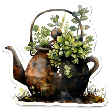 Watercolor vintage rusty teapot planter with green succulents and plants sticker