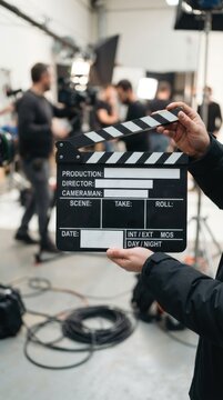 Person holding film clapperboard on movie set