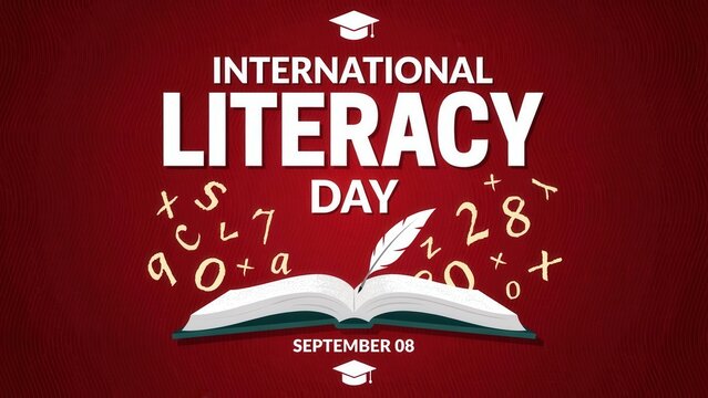 Graphic for International Literacy Day with an open book, quill, and graduation cap on a red background