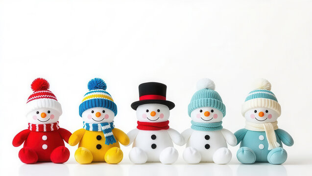 Snowmen with hats in a row with copy space