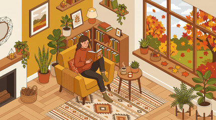 Fototapeta premium Isometric vector illustration of a cozy autumn living room with a young woman reading a book in a yellow armchair next to a window and fireplace.