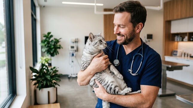 Smiling male veterinarian in scrub shirt with stethoscope holding gray tabby cat in modern animal clinic reception, window light, potted plants, shelves and counter. No text