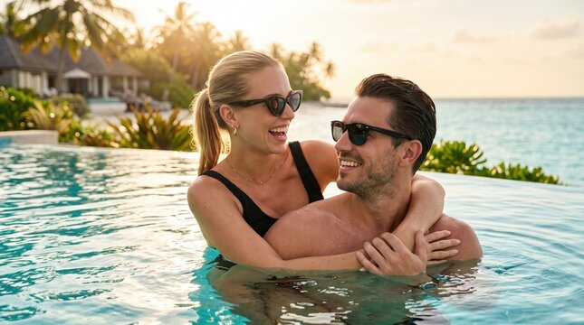 Smiling couple wearing sunglasses hugging in an infinity pool at sunset, with tropical plants, palm trees, and resort villas near the ocean horizon