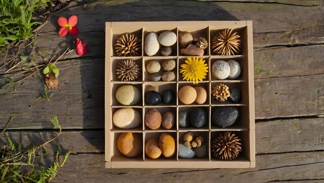old wooden box with chess pieces A top-down view organizing natural materials like flowers, stones, twigs, acorn caps, and bark on a square cardboard board on a wooden outdoor table. 
